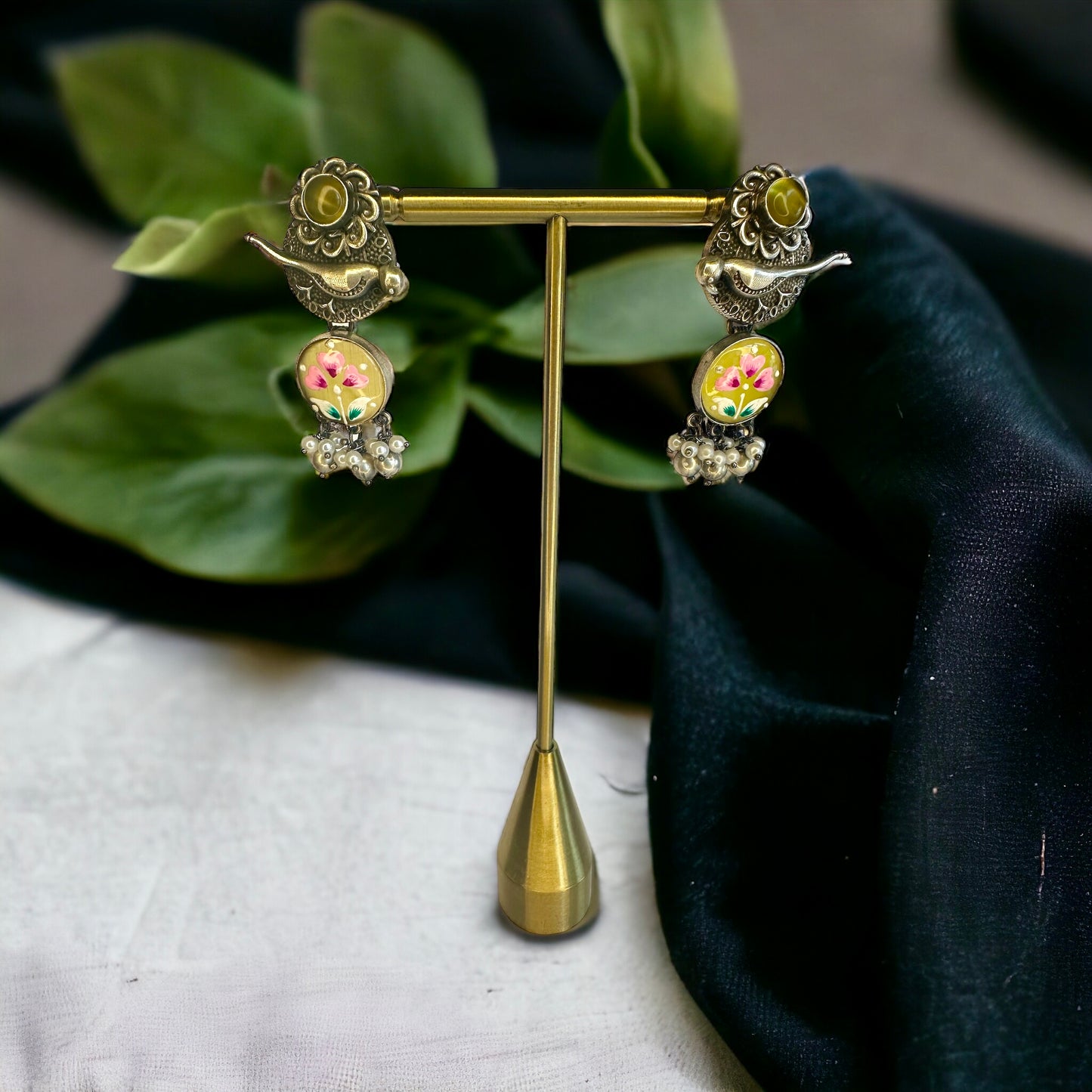 Yellow Stone Parrot Collection | Hand painted Yellow Stone | Oxidised Earings