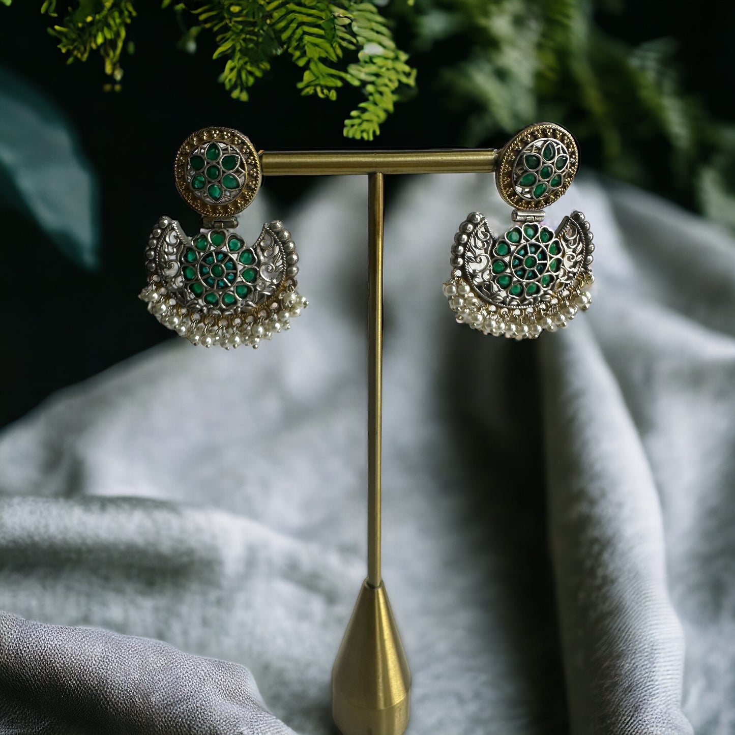 Green Kundan Style Oxidized Earrings