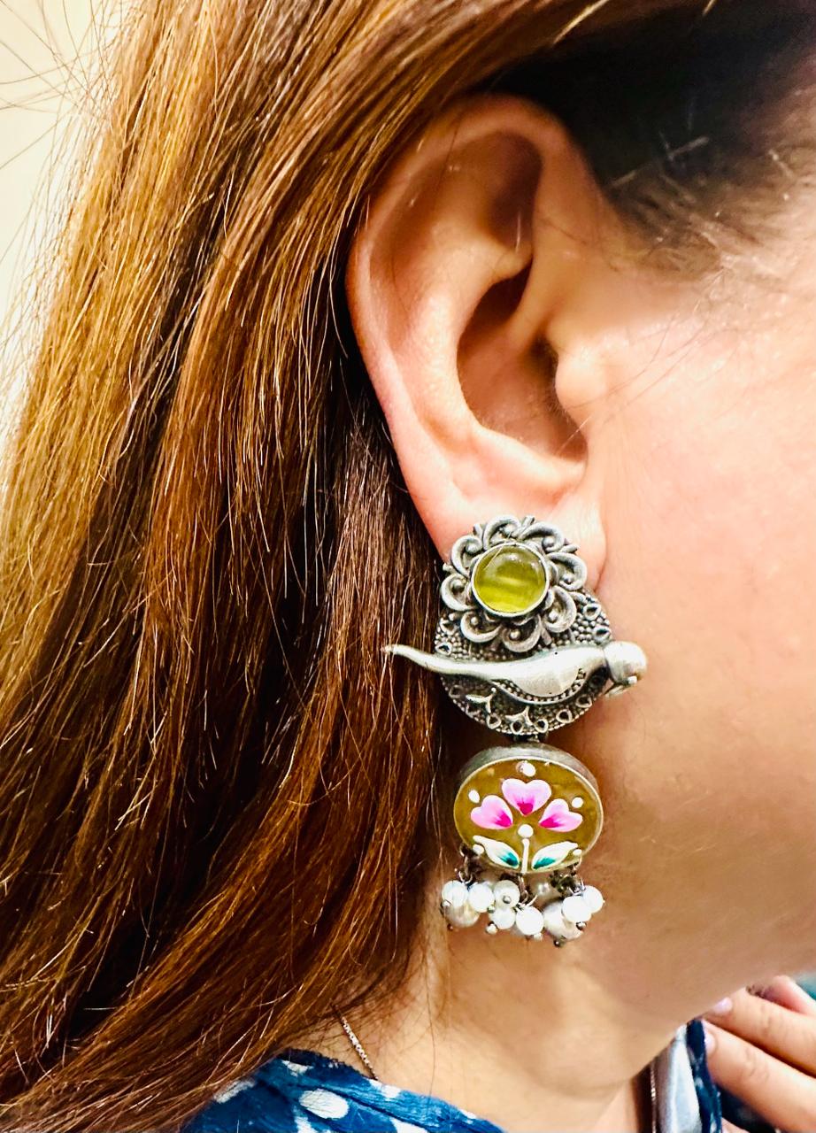 Yellow Stone Parrot Collection | Hand painted Yellow Stone | Oxidised Earings