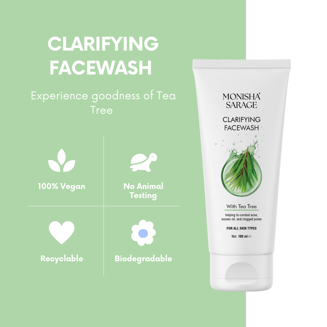 MONISHA SARAGE Clarifying Facewash With Tea Tree for Oily or Acne prone Skin | Acne Face Wash | Oily Skin | Bright, Clear Skin | 100% Paraben Free | Face Wash for Women & Men | 100 ml
