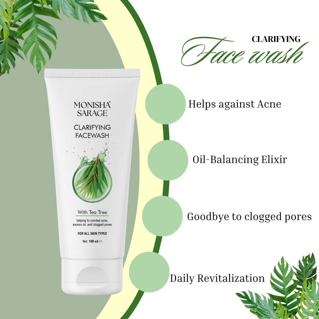 MONISHA SARAGE Clarifying Facewash With Tea Tree for Oily or Acne prone Skin | Acne Face Wash | Oily Skin | Bright, Clear Skin | 100% Paraben Free | Face Wash for Women & Men | 100 ml