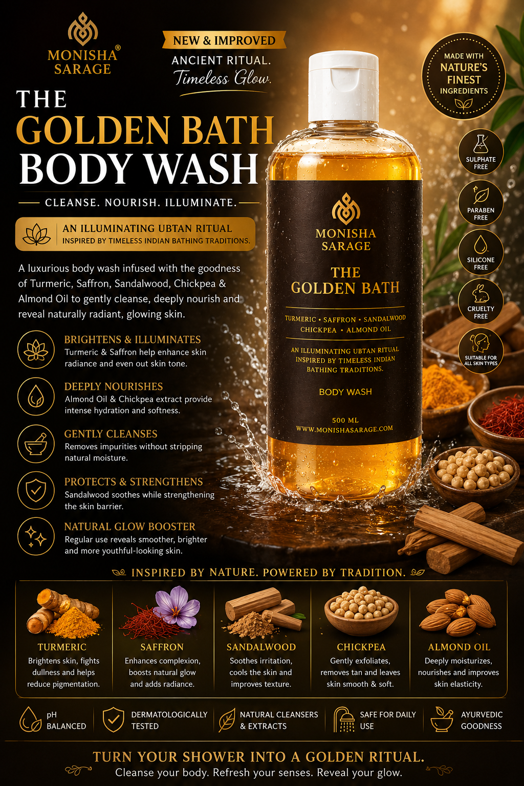 The Golden Bath Body Wash | Turmeric, Saffron & Sandalwood Ubtan Body Wash | Illuminating Botanical Cleanser | 500ml