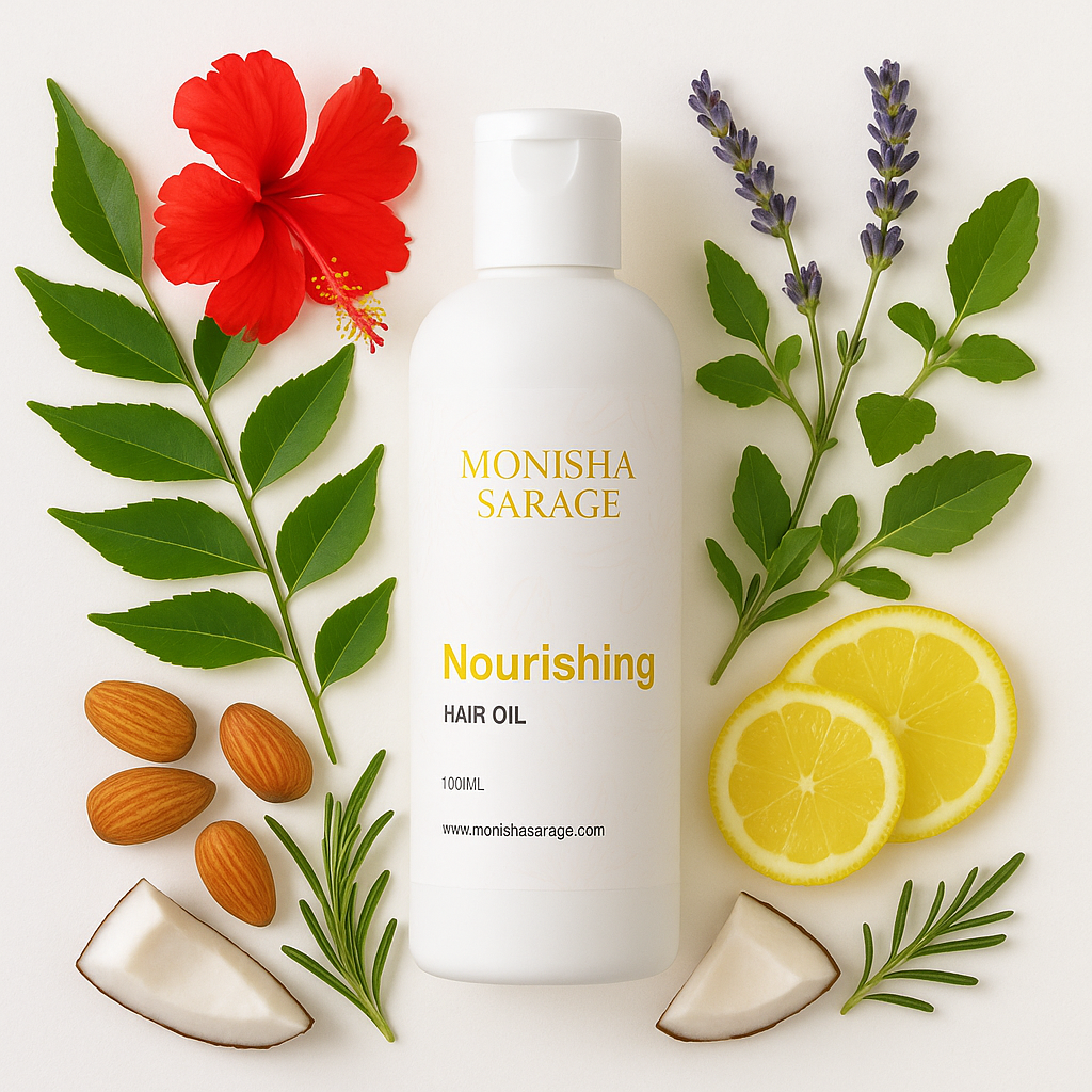 Monisha Sarage Nourishing Hair Oil | Herbal Hair Growth Oil for Hair Fall Control, Scalp Care & Shine | With Curry Leaves, Hibiscus, Neem, Proteins & Essential Oils | 100ml