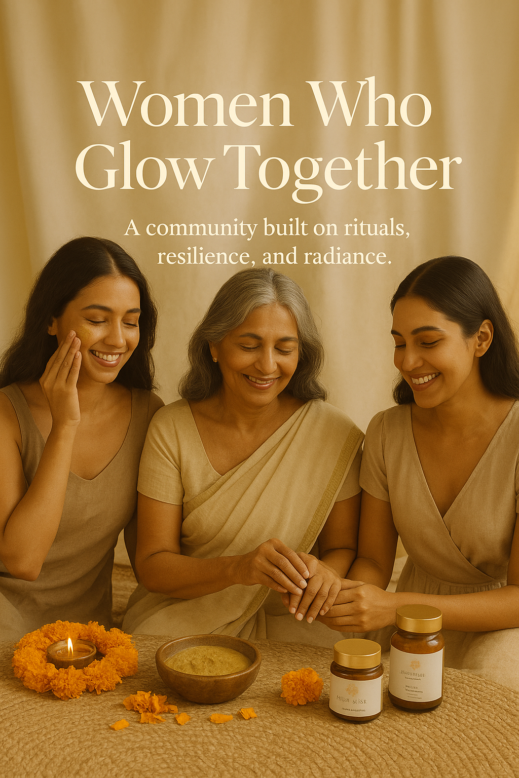 Three women participating in a ritual with candles and jars on a table, with text 'Women Who Glow Together' above.