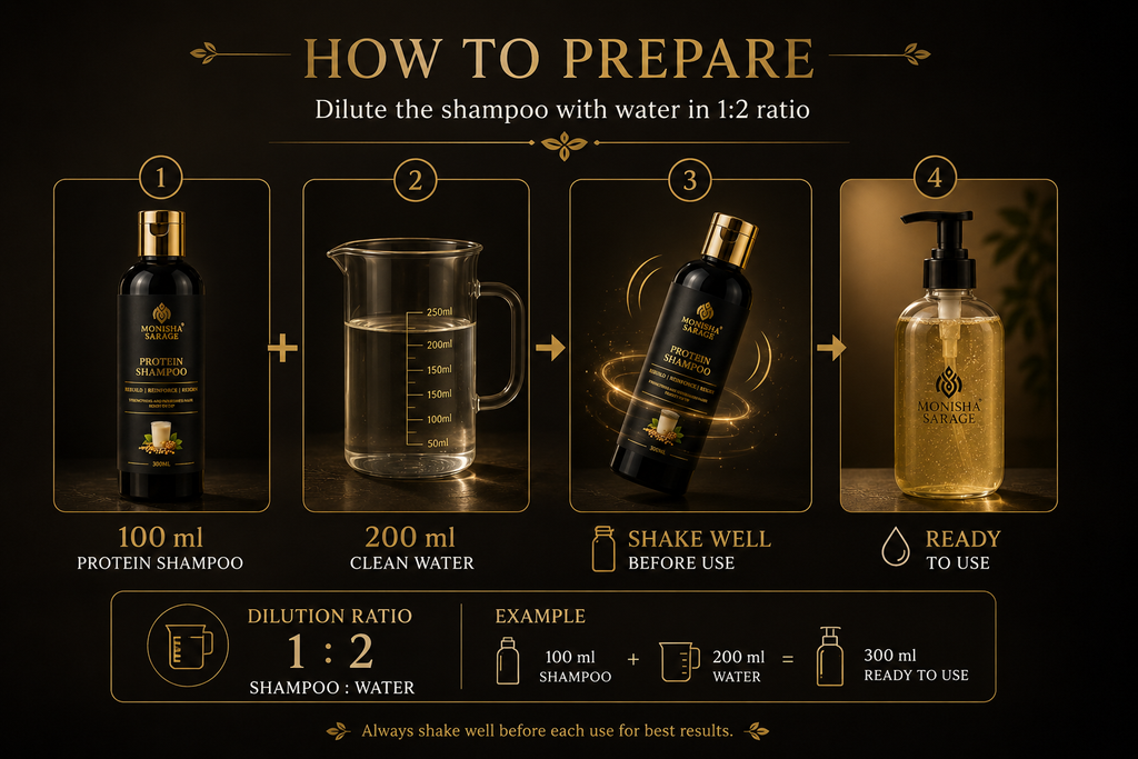 Instructions on how to prepare a shampoo solution with a beaker and bottles of shampoo.