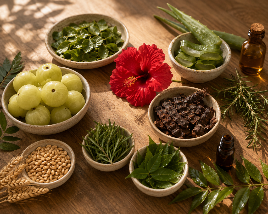 Herbal ingredients including green grapes, aloe vera, and other plants on a wooden surface.