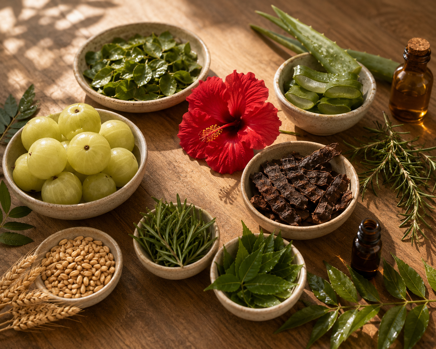 Herbal ingredients including green grapes, aloe vera, and other plants on a wooden surface.