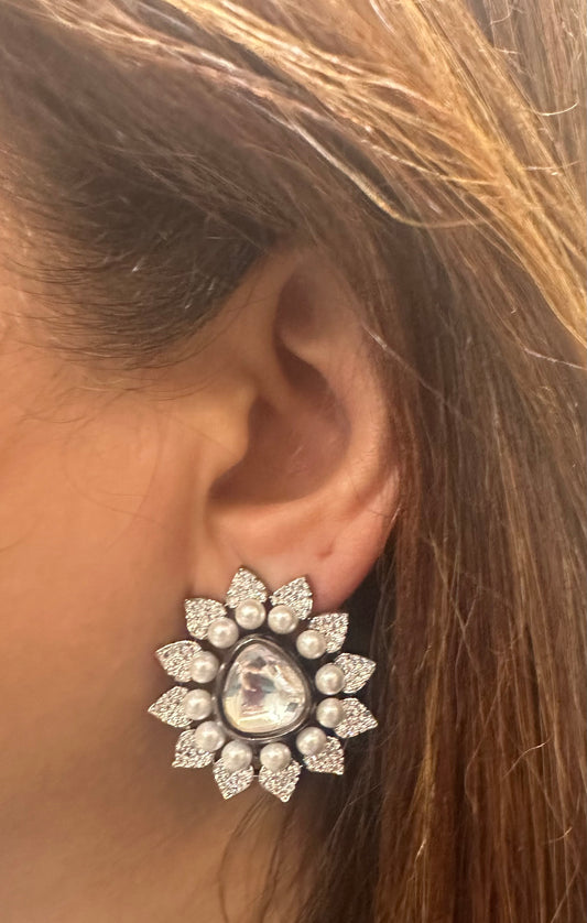 Diamond Studded Silver Oxidized Finish Earrings