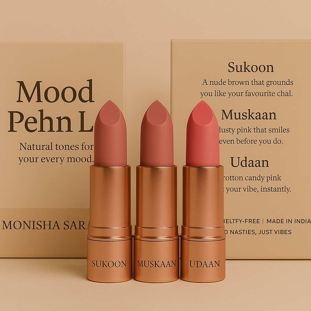 Mood Pehn Le Lipstick Trio – Sukoon, Muskaan & Udaan | Natural, Moisturizing Shades for Every Mood | full size
