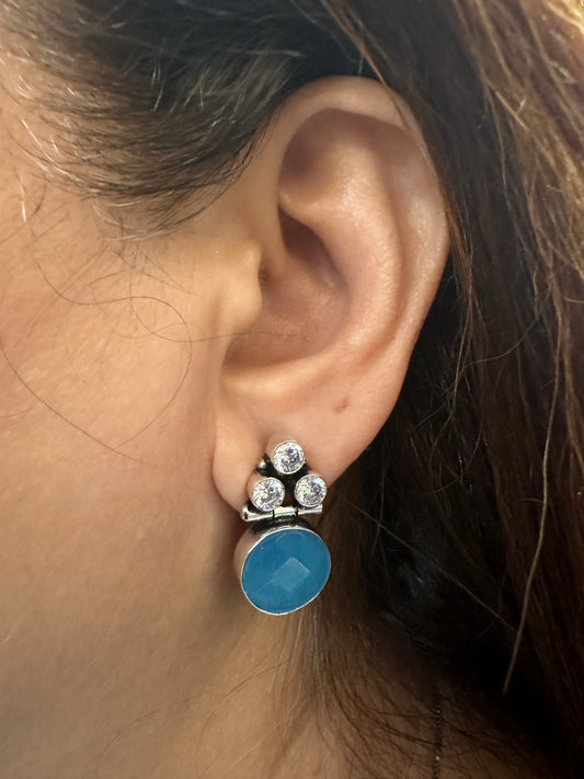 Oxidized Finish Blue Stone Simple Earrings Set