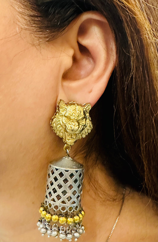 Gold-Silver Lion-Inspired Elegance Earrings