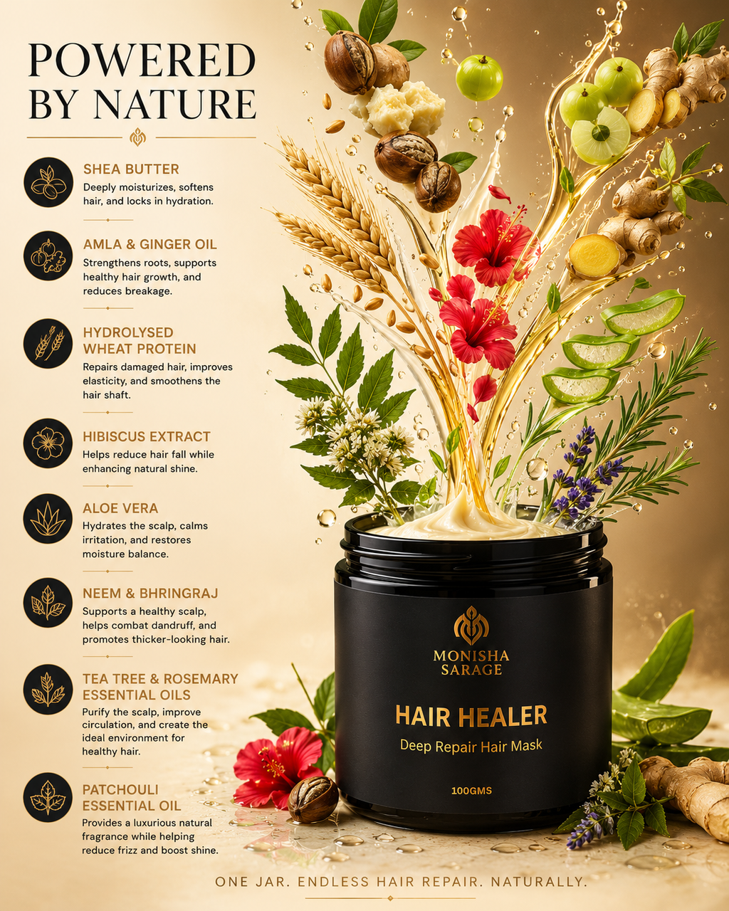 A promotional graphic for Monisha & Savale Hair Healer deep repair hair mask. The image features a black jar of the hair mask surrounded by illustrated and photographic elements of natural ingredients, including shea butter, amla, ginger, hibiscus, aloe vera, neem, and tea tree, along with wheat stalks and red flowers, all set against a warm beige background with text detailing the product's ingredients.