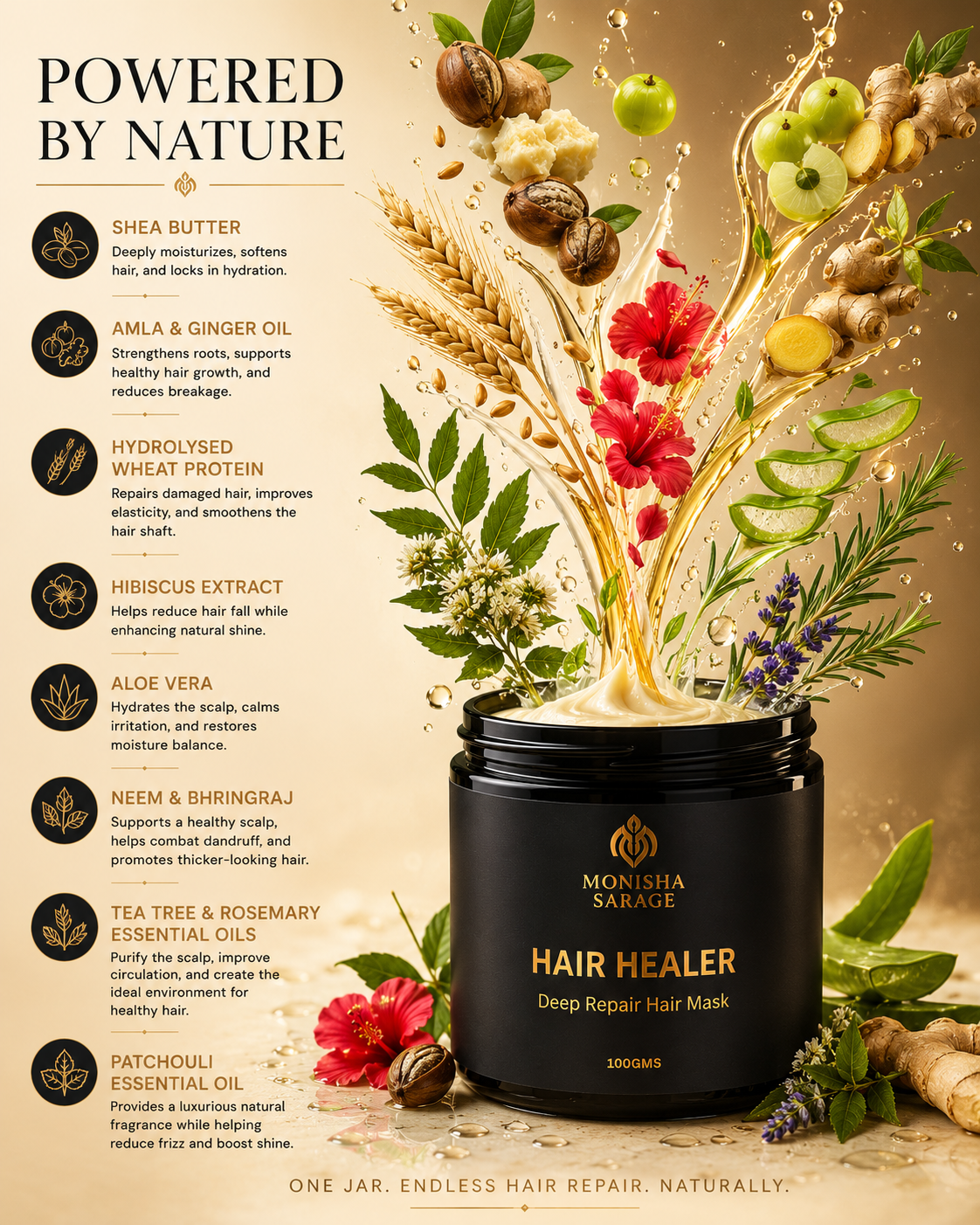 A promotional graphic for Monisha & Savale Hair Healer deep repair hair mask. The image features a black jar of the hair mask surrounded by illustrated and photographic elements of natural ingredients, including shea butter, amla, ginger, hibiscus, aloe vera, neem, and tea tree, along with wheat stalks and red flowers, all set against a warm beige background with text detailing the product's ingredients.