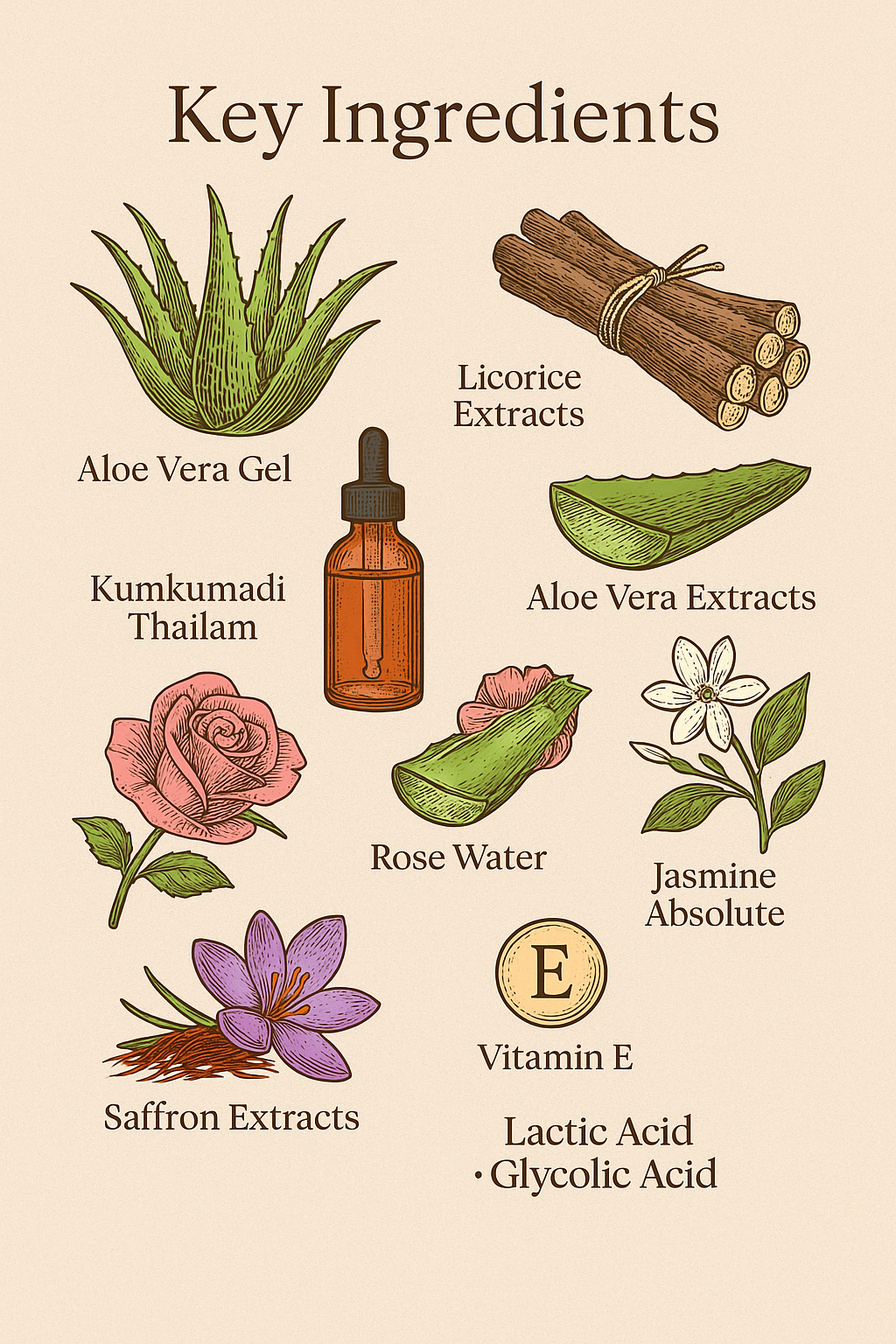 Illustration of key ingredients with their names on a beige background