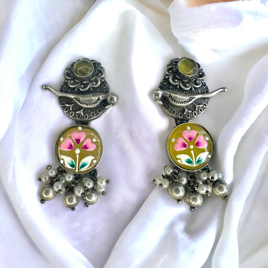 Yellow Stone Parrot Collection | Hand painted Yellow Stone | Oxidised Earings