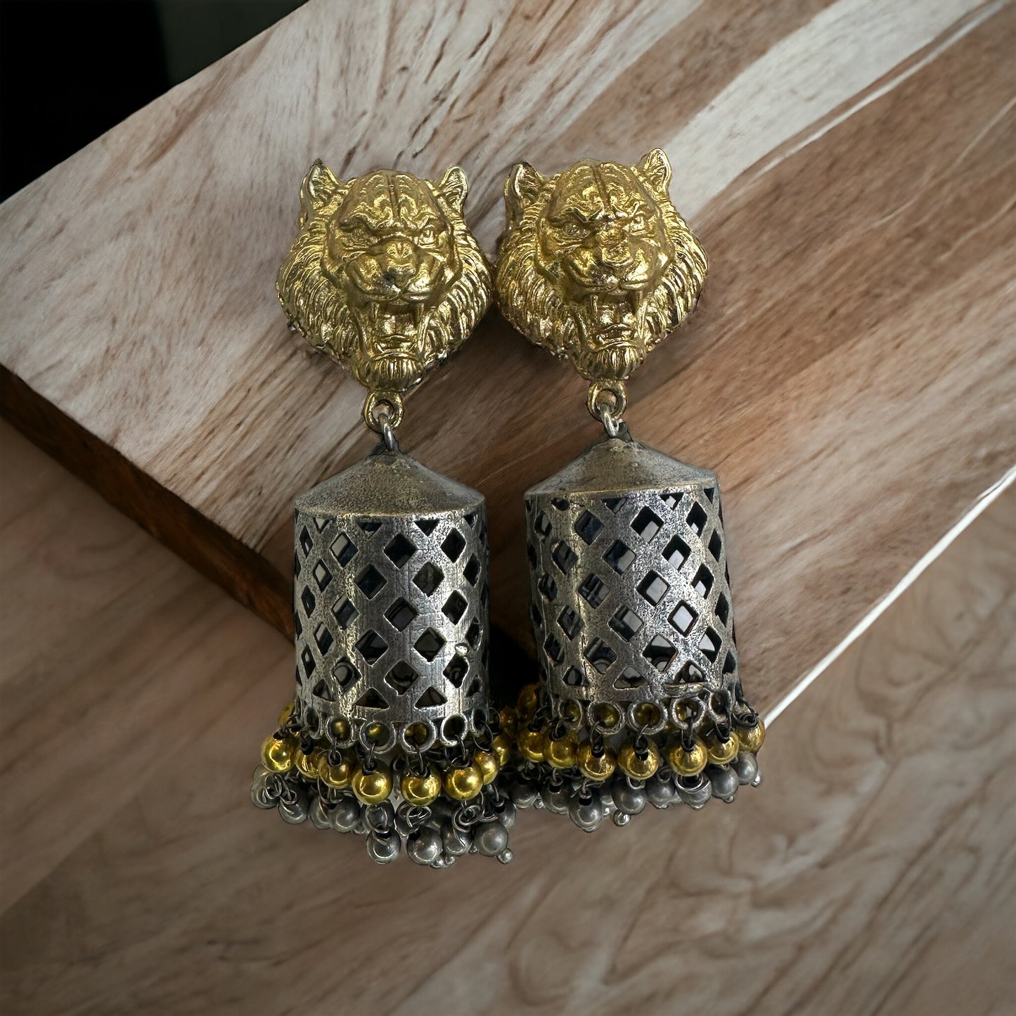 Gold-Silver Lion-Inspired Elegance Earrings