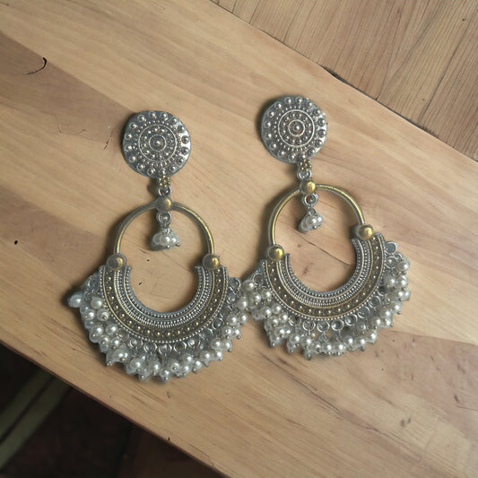 Long Dual Tone Oxidised Finish Earings