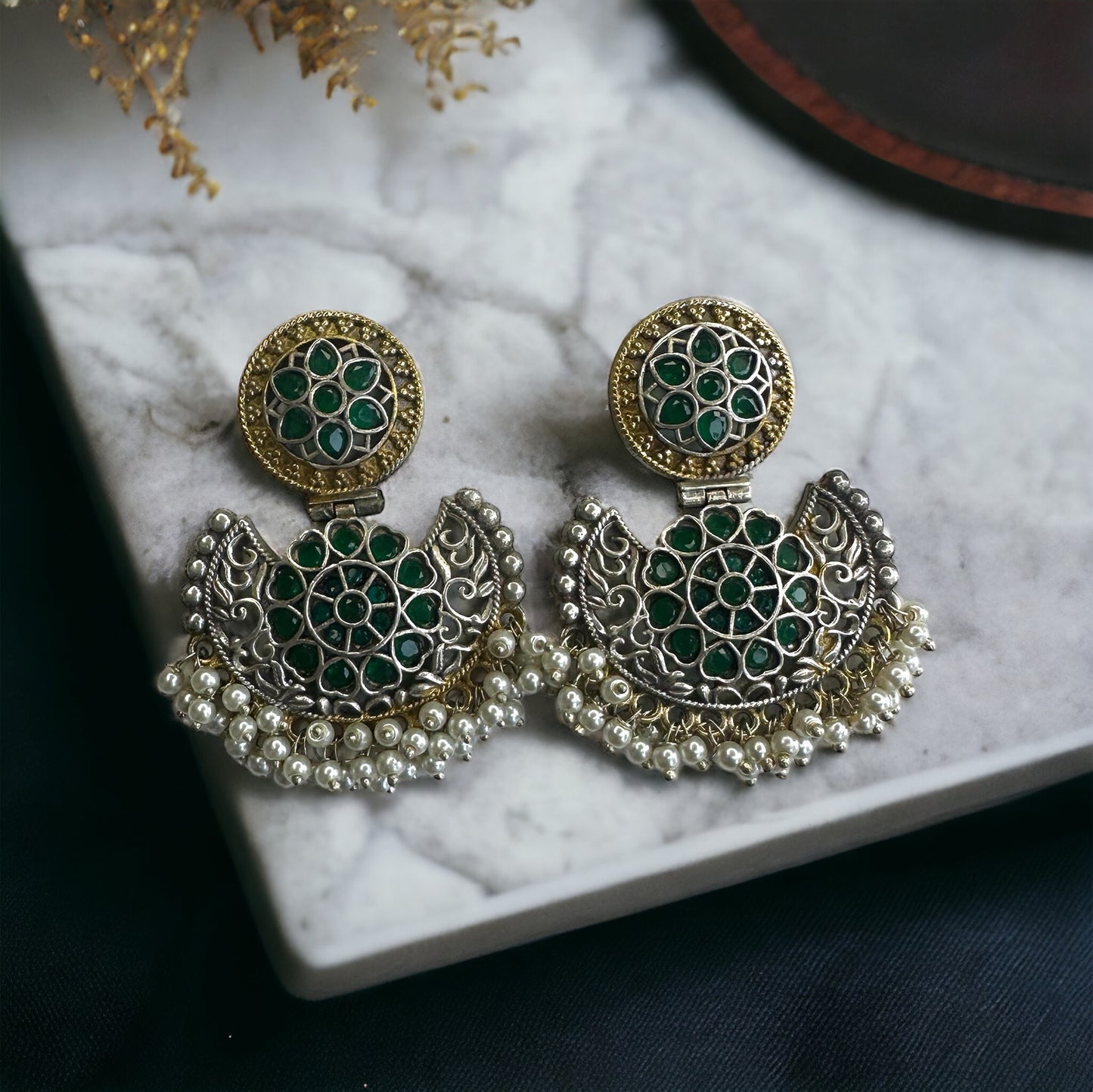 Green Kundan Style Oxidized Earrings