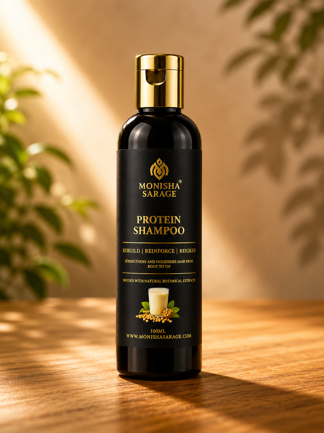 Black shampoo bottle with gold cap on a wooden surface with plants in the background