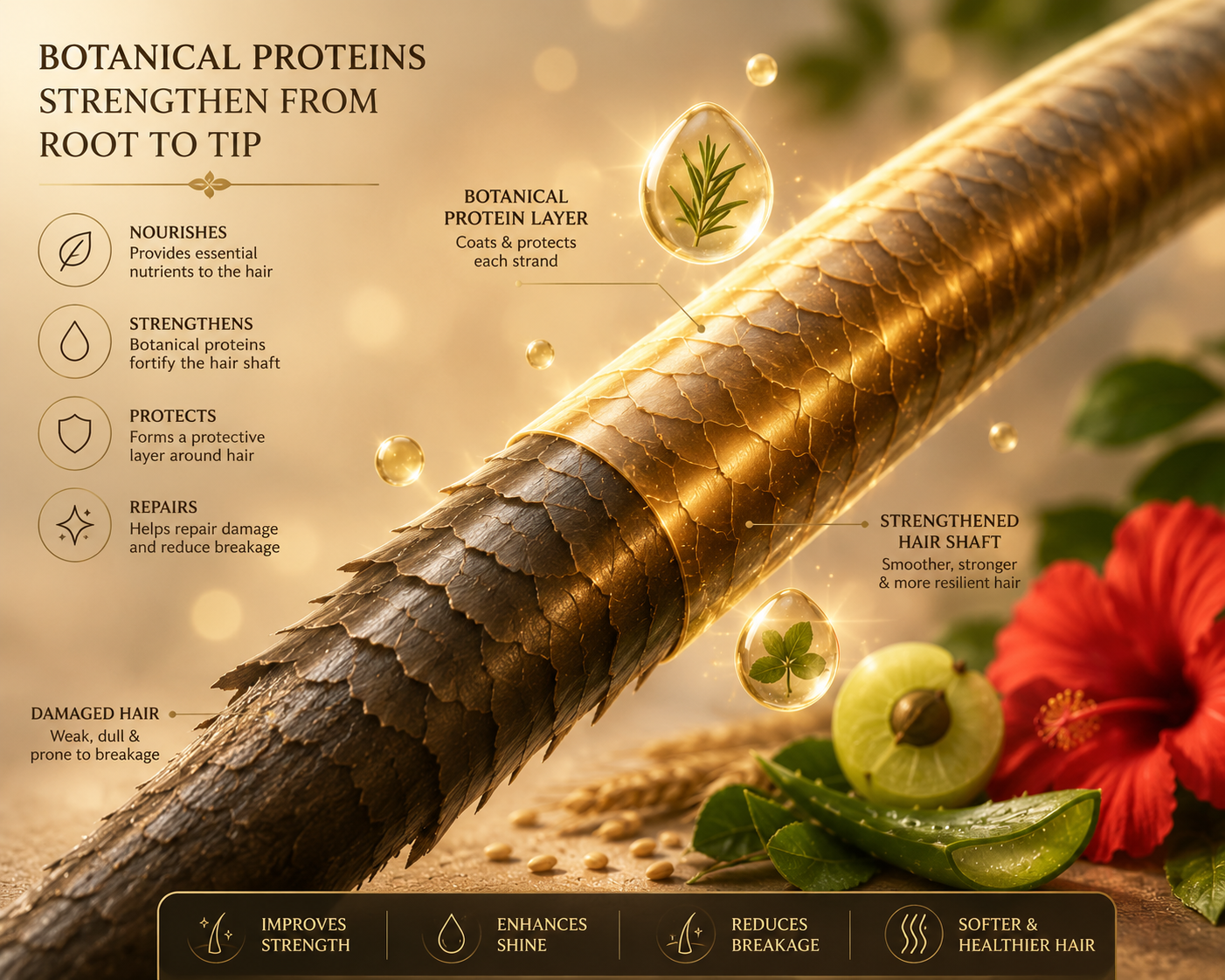 Illustration of a hair strand with botanical proteins text and images of leaves and flowers.