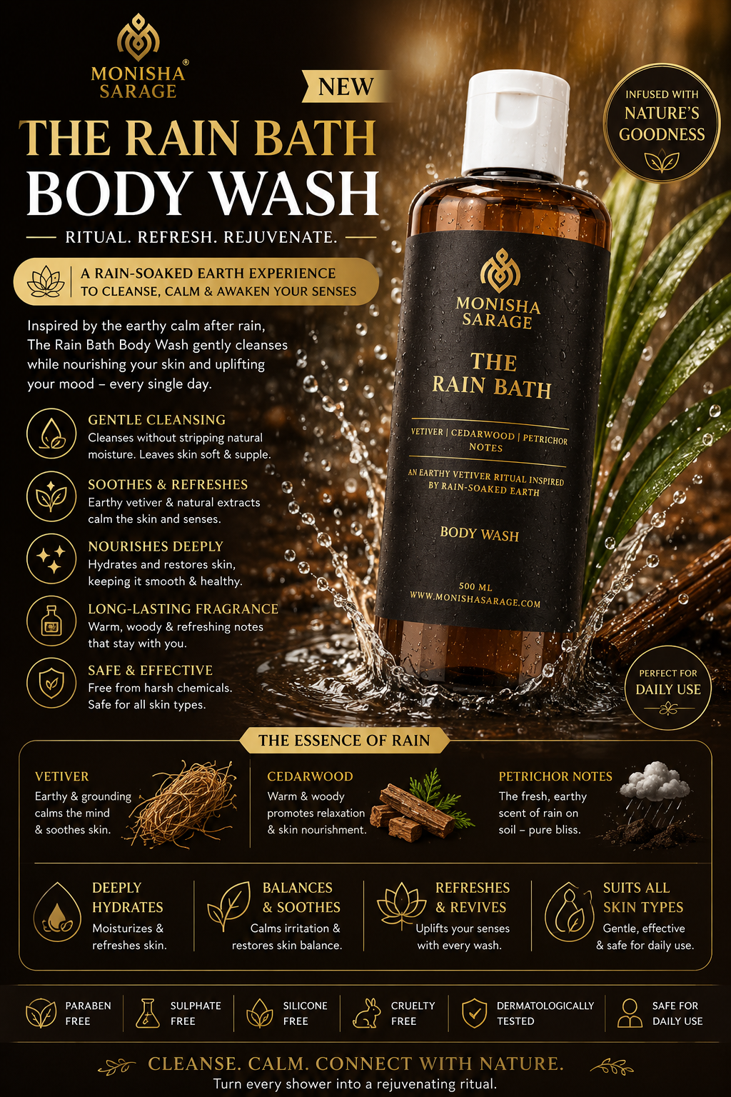 The Rain Bath Body Wash | Vetiver, Cedarwood & Petrichor Inspired Luxury Body Wash | Sulphate-Free | 500ml