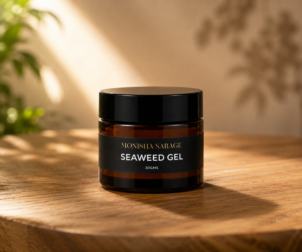 Seaweed gel jar on a wooden surface with a blurred natural background