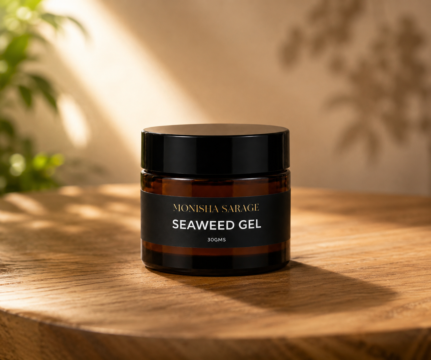 Seaweed gel jar on a wooden surface with a blurred natural background