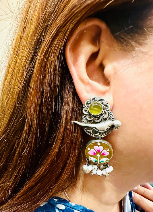 Tropical Harmony: Parrot-Inspired Oxidized Silver Earrings with Yellow Stone and Hand-Painted Art