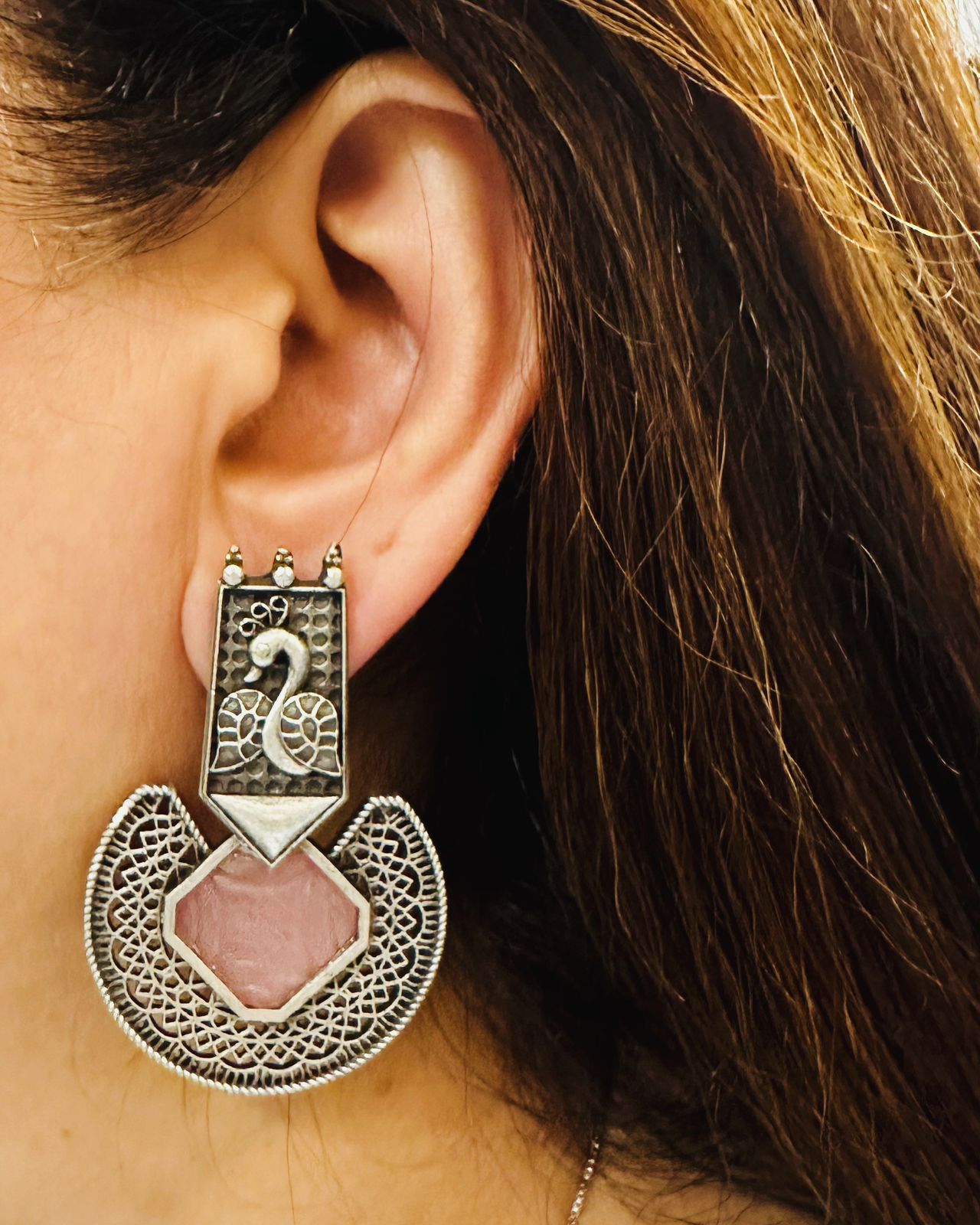 Majestic Plumage: Peacock-Inspired Oxidized Silver Earrings with Onion Pink Crafted Stone