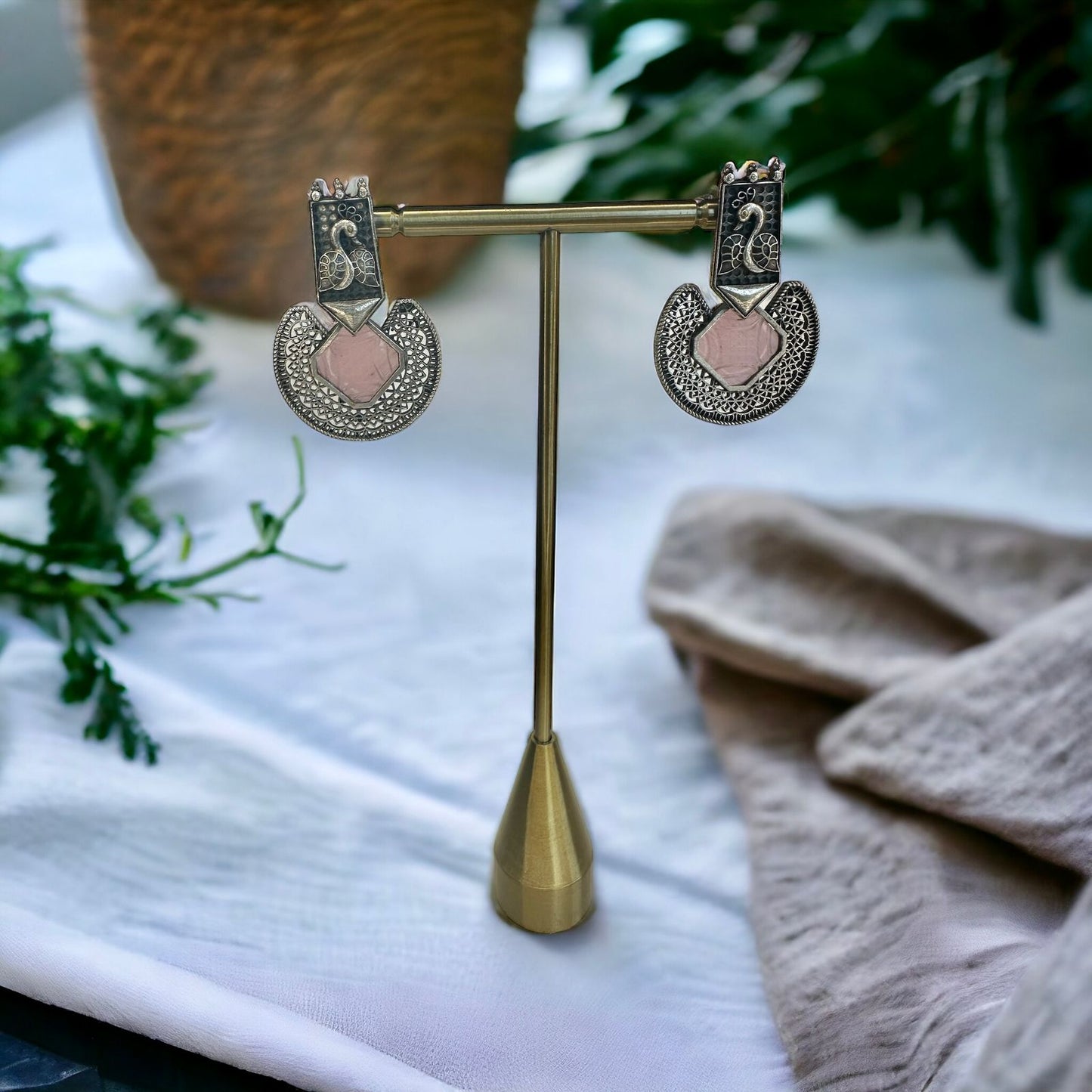 Majestic Plumage: Peacock-Inspired Oxidized Silver Earrings with Onion Pink Crafted Stone